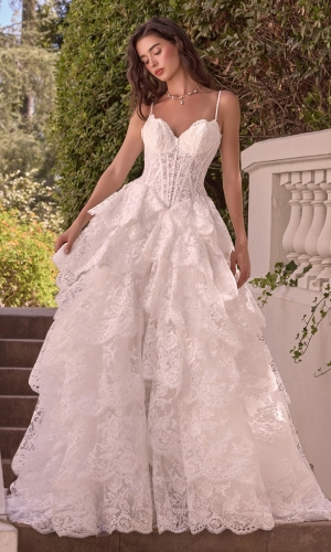 Lang brudekjole WL076 i tyl med blonde med lagdelt skørt | bridalstore.dk