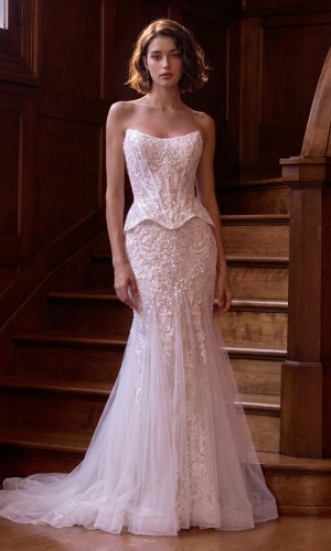 Lang brudekjole WL091 i glimmerblonde med korsettop | bridalstore.dk
