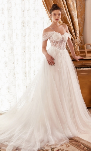 Lang brudekjole WN307 i tyl med blonde på overdel | bridalstore.dk