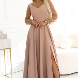 LORETTA tyl lang kjole i beige