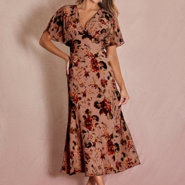 Blomstret festkjole med korte ærmer i chiffon | bridalstore.dk