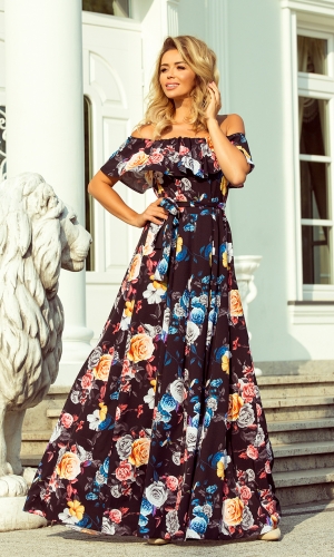 NUMOCO lang kjole i sort kolorowe blomster