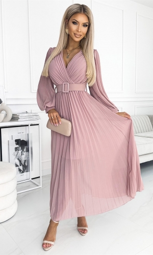 KLARA plisseret lang kjole i pudderrosa
