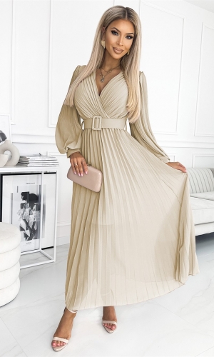 KLARA plisseret lang kjole i beige