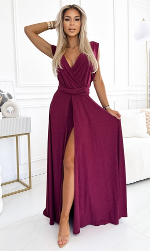 NUMOCO glimmer lang kjole i bordeaux glimmer