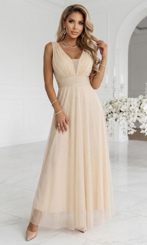 NUMOCO glimmer lang kjole i champagne beige
