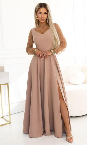 LORETTA tyl lang kjole i beige