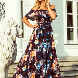NUMOCO lang kjole i sort farverige blomster