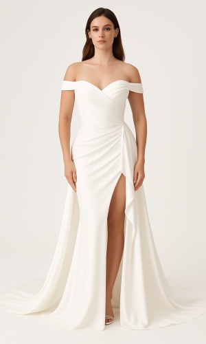 Off shoulder brudekjole i satin med slids og slæb | bridalstore.dk