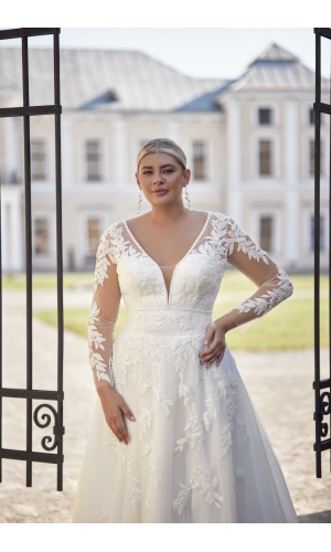 Tia prinsesse plus size brudekjole med blonde ærme 