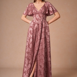 Mauve festkjole med korte ærmer med slids | bridalstore.dk