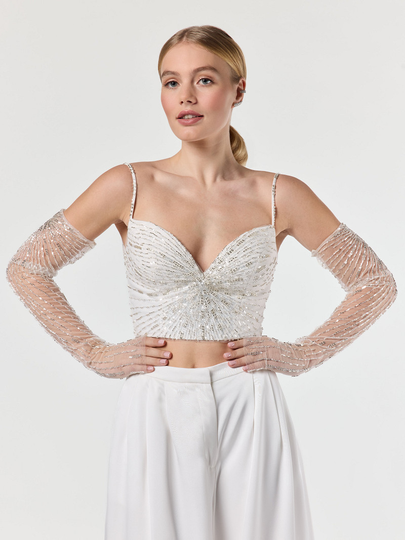 Handske Long Fingerless Joy ivory/silver | bridalstore.dk