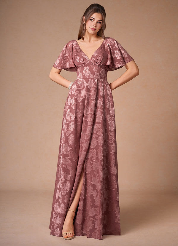 Mauve festkjole med korte ærmer med slids | bridalstore.dk